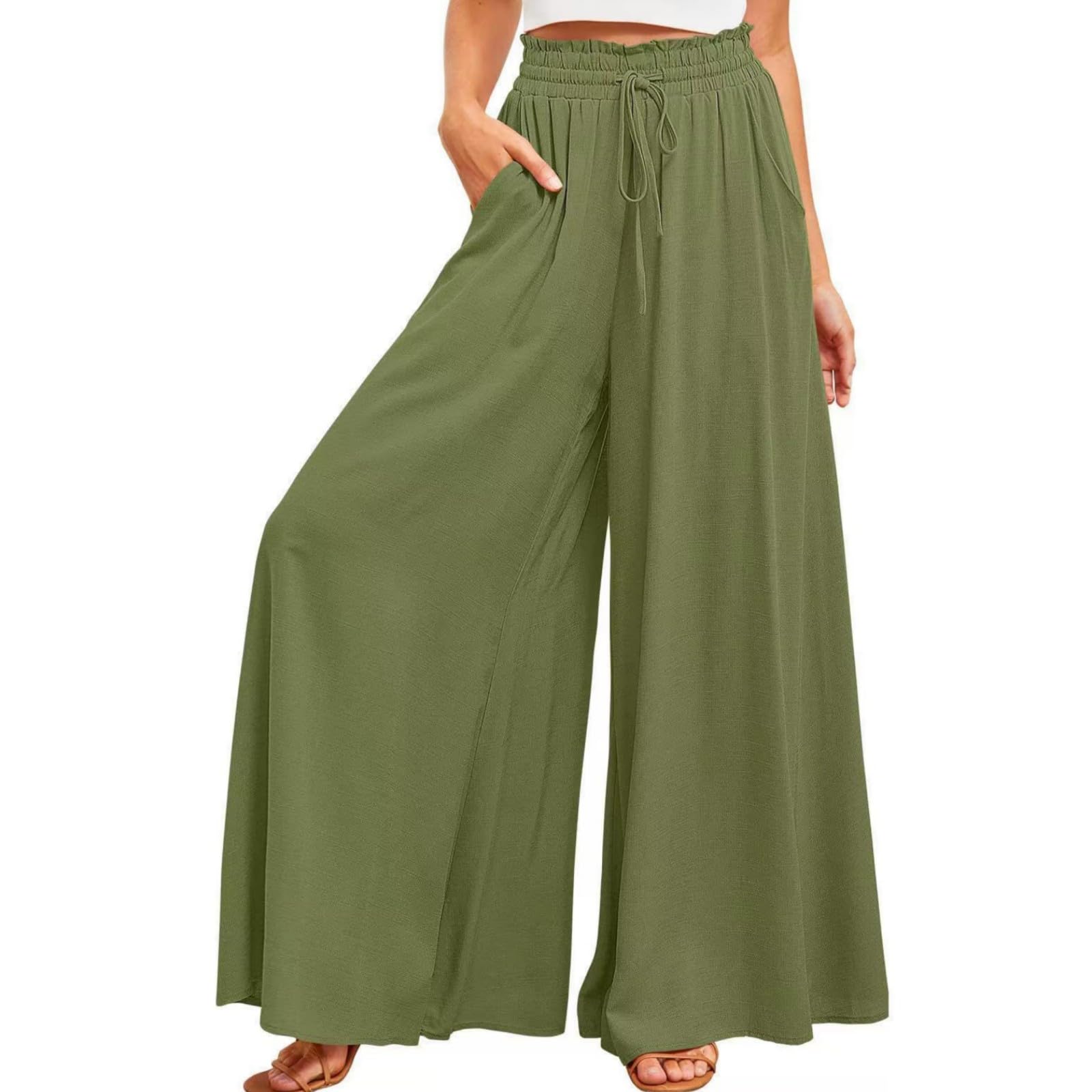 Womens Wide Leg Pants Summer Boho Palazzo Pants Elastic Waist Floral Lightweight Pants with Pockets