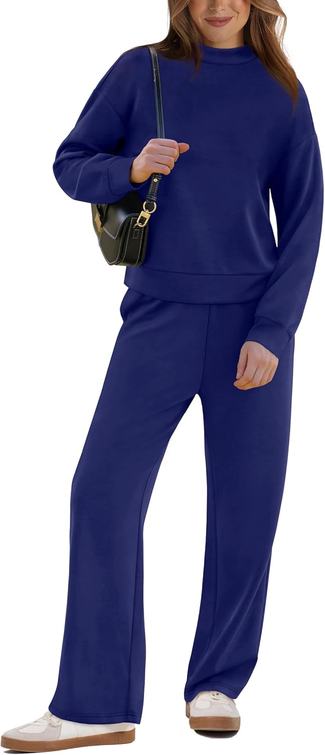 WIHOLL Two Piece Sets for Women Fall Outfits Lounge Sets Mock Neck Tops Wide Leg Pants Vacation Travel Airport Outfits - Image 2