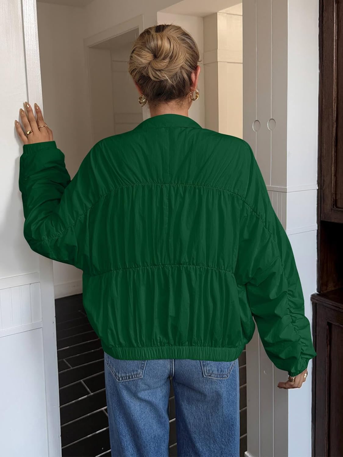 Yousify Womens Lightweight Bomber Jacket Oversized Batwing Sleeve Zip Up Stand Collar Ruched Coat Jackets with Pockets - Image 4