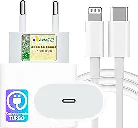 Fonte Carregador 25W Turbo + Cabo Usb-C-Lightning Compatível iPhone X Xr SE 11 12 13 14 Carga Ultra Rápida - Premium®