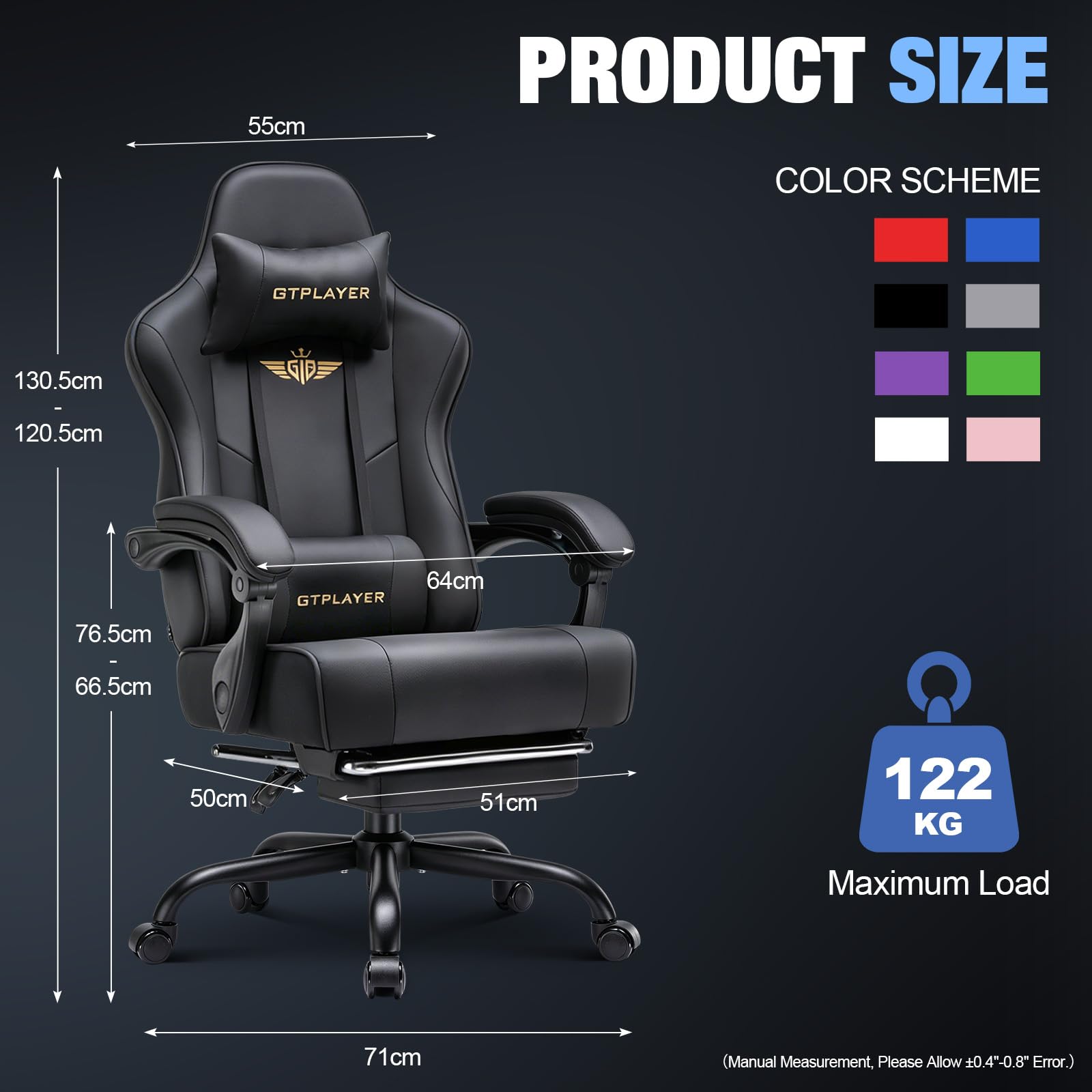 GTPLAYER Silla de Gaming, ergonómica, con reposapiés, reposacabezas y Soporte Lumbar, Altura Regulable, Acolchada, 180 kg