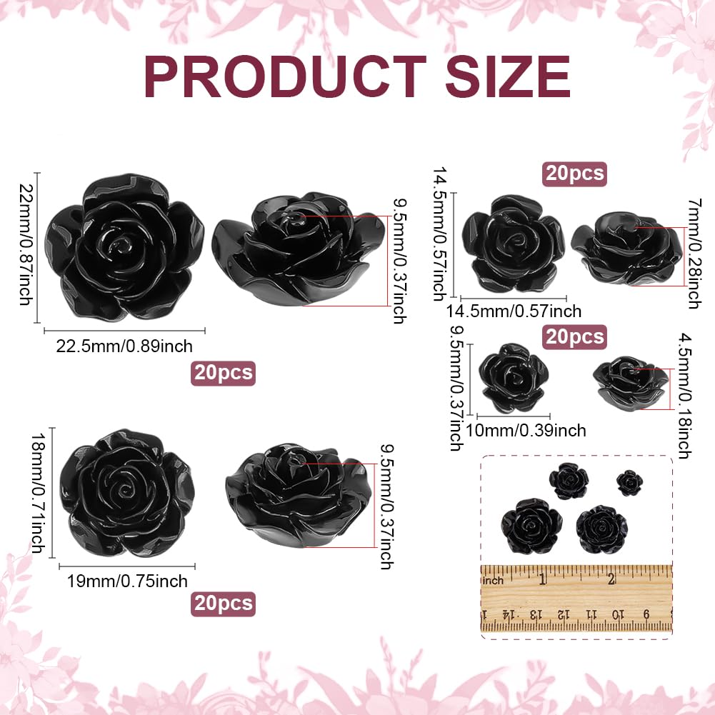 PH PandaHall 80pcs 4 Sizes Resin Rose Cabochons Flower Cabochons White Floral Flatback Cabochons Black Undrilled Resin Rose Bead Charms for Jewelry Making Hair Clip Crafts 22/18/14.5/9.5mm - Image 2