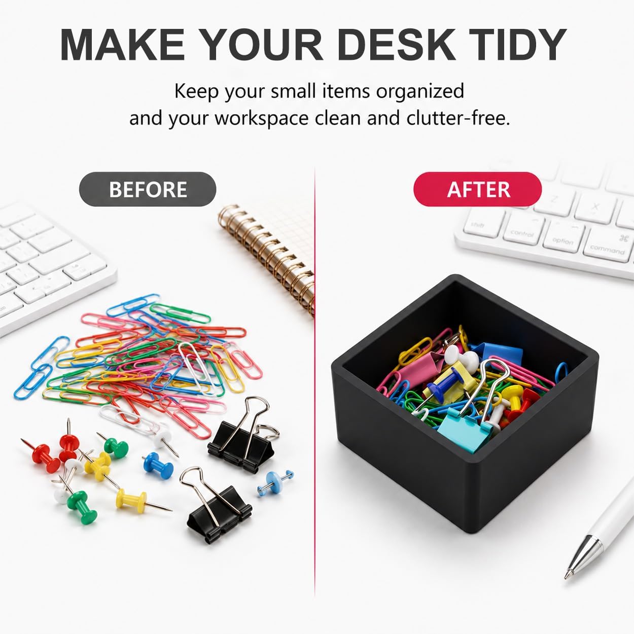 Silicone Paper Clip Holder for Desk - Small Square Office Supplies Desk Organizer & Storage Tray for Paperclips, Binder Clips, Push Pins, Thumbtacks, Black
