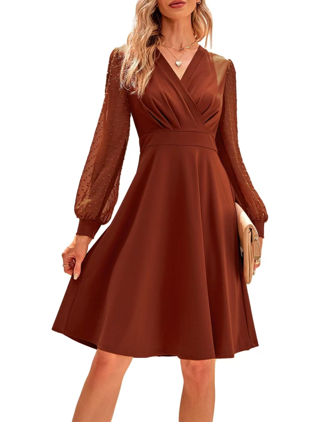 Women's V-Neck Waist Long Sleeve Dress-Spring and Autumn Floral Chiffon Dress, Party Fashion Hundred Dresses