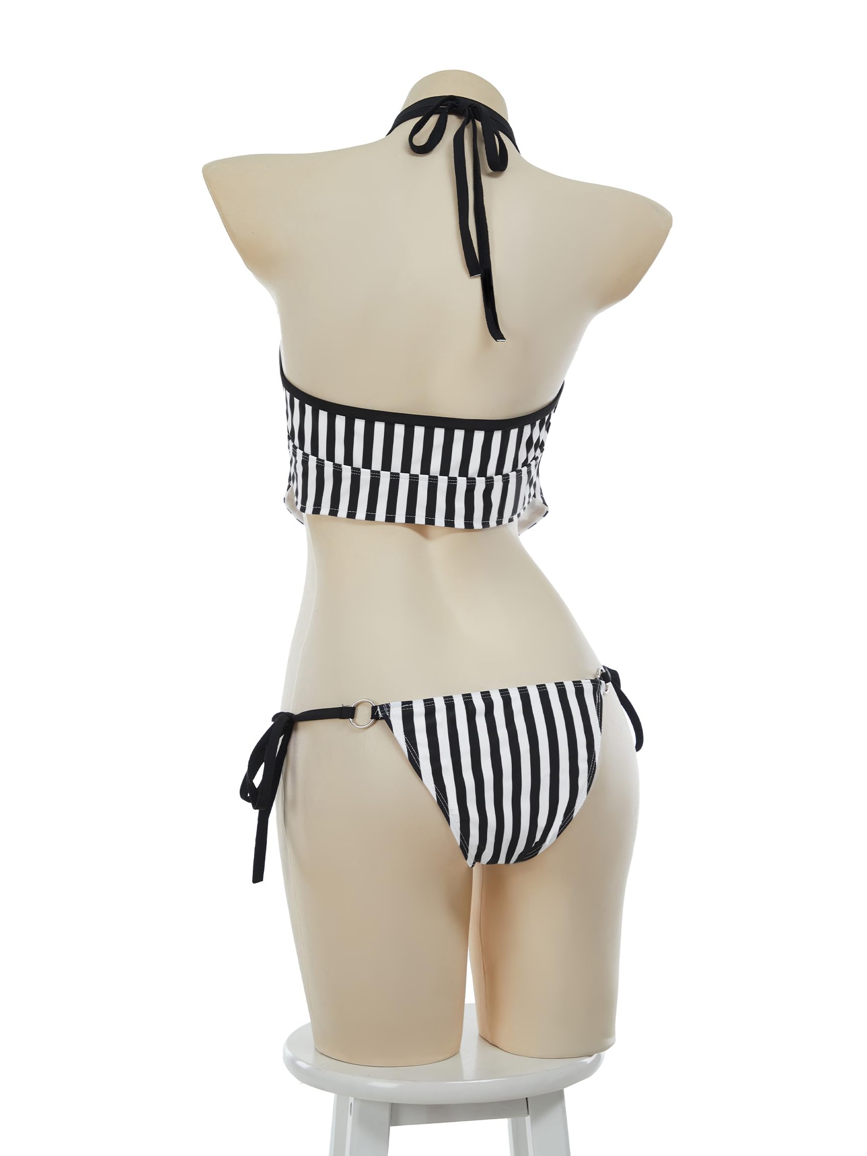 MEOWCOS Goth Bikini Swimsuit Gothic Black White Striped Personalized Bathing Suit Dark Style Goth Swimsuit