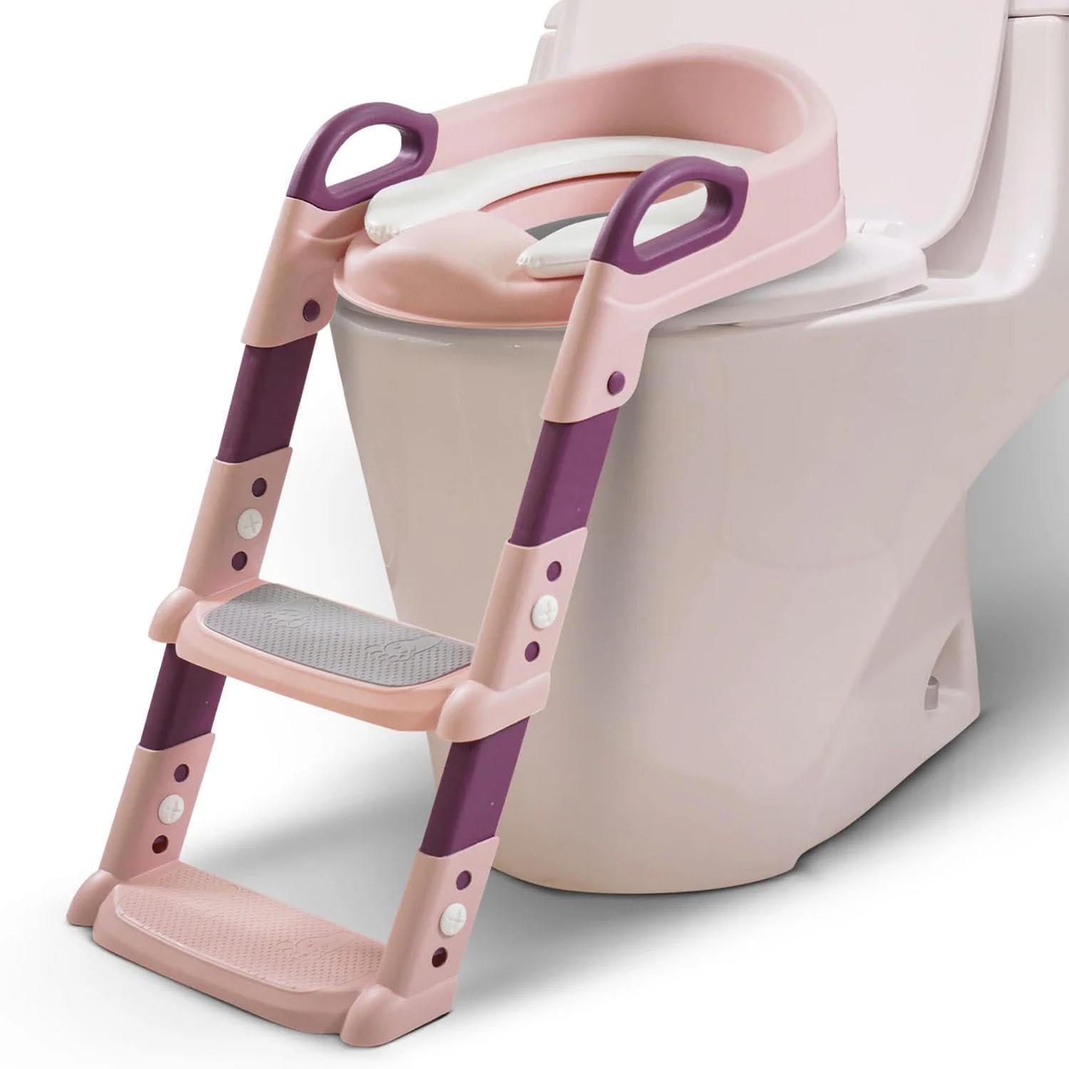 LIVHOME Kids Potty Training Seat with Step Stool, Adjustable Toddler Toilet Seat with Ladder, Foldable Toilet Training Seat, Anti-Slip Design for Child Toilet Training and Bathroom Use (Pink)