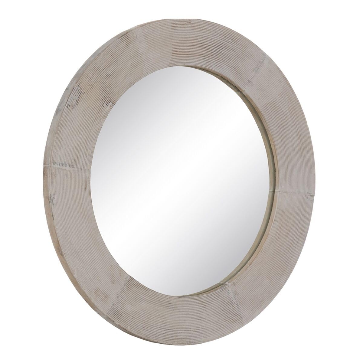 BigBuy Home Espejo de Pared Blanco Natural Cristal Madera de Mango Madera MDF Vertical Redondo 61 x 2,5 x 61 cm