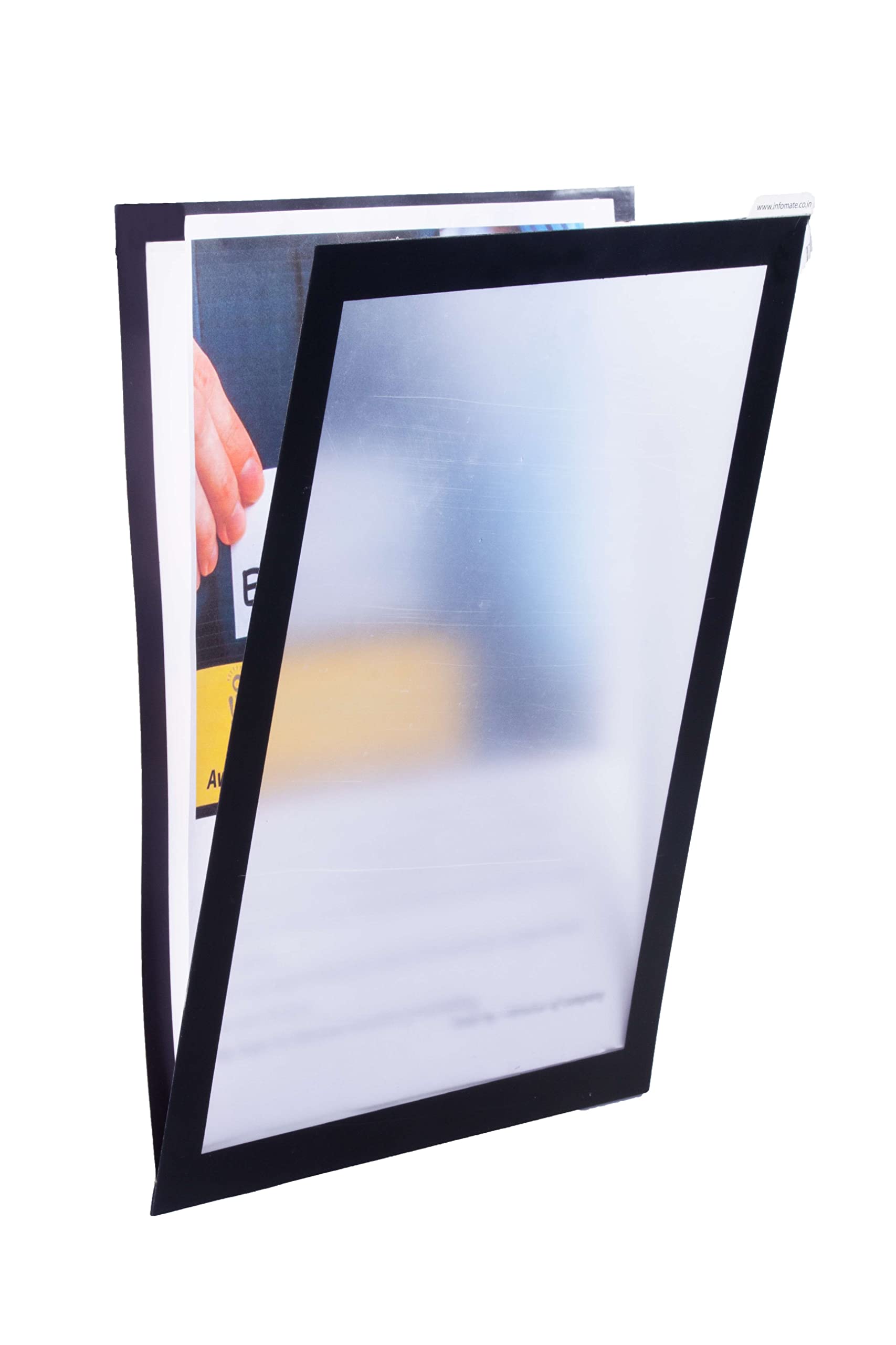 Infomate 'Peel and Stick' A4 Reusable Self Adhesive Non-residue Magnetic Document/Signage Holder for Glass surface, Pack of 2, Black