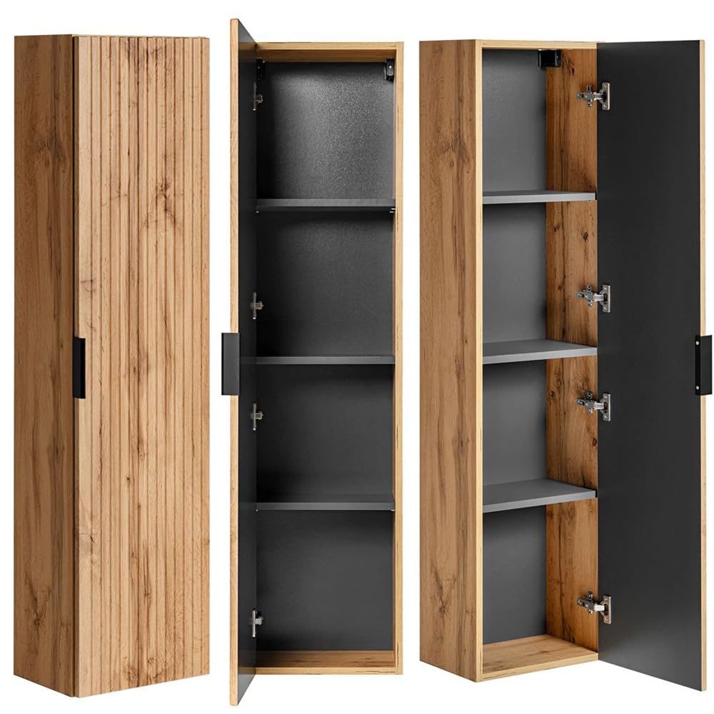 Lomadox Badezimmerschrank Hochschrank 2-türig, Wotan Eiche gerillt, 35 cm schmal, Seitenschrank Badmöbel-Schrank Badschrank B/H/T: 35/140/25 cm