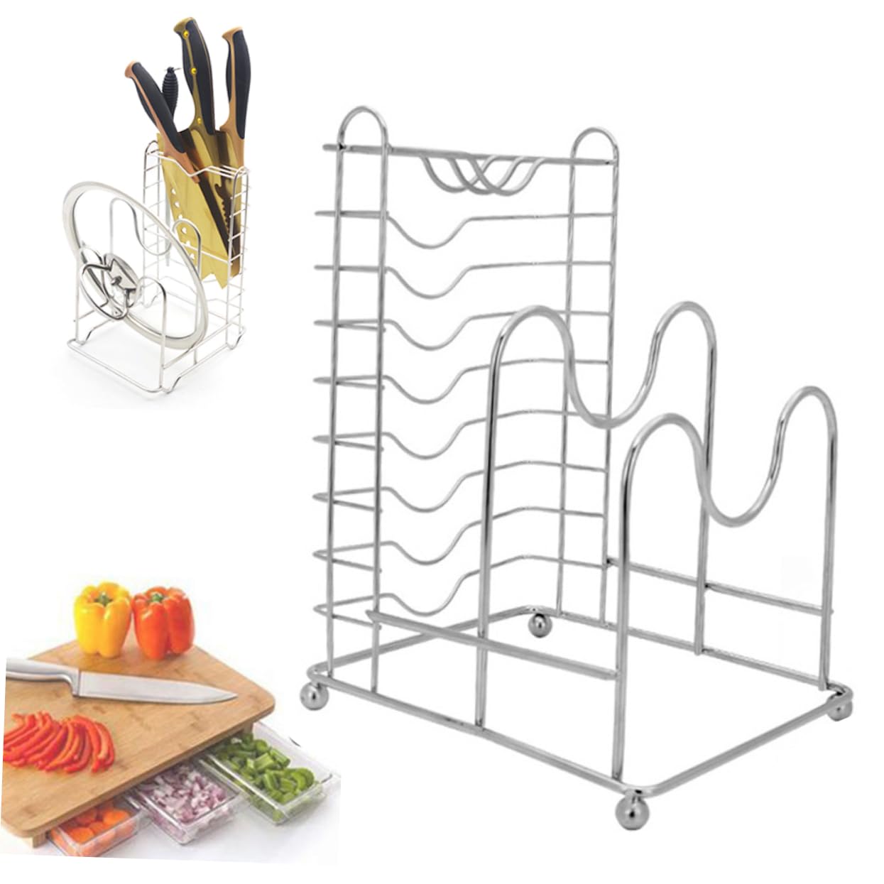 KICHOUSE Household Stainless Steel Cookware Rack Multi Functional Organizer for Pot Lids Cutting Boards Knives Space Saving Design for Kitchen Cabinets Counters