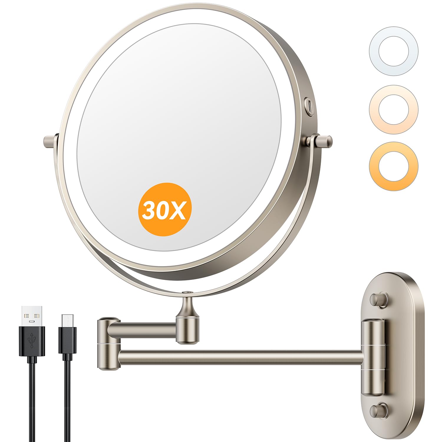 Auxmir 1X/30X Wall Mounted Lighted Makeup Mirror, 8" 3200 mAh Rechargeable Double-Sided Magnifying Mirror, Touch Dimmable 3 Color Lights, 360° Rotating Foldable 14.5" Extension Arm, Brushed Nickel