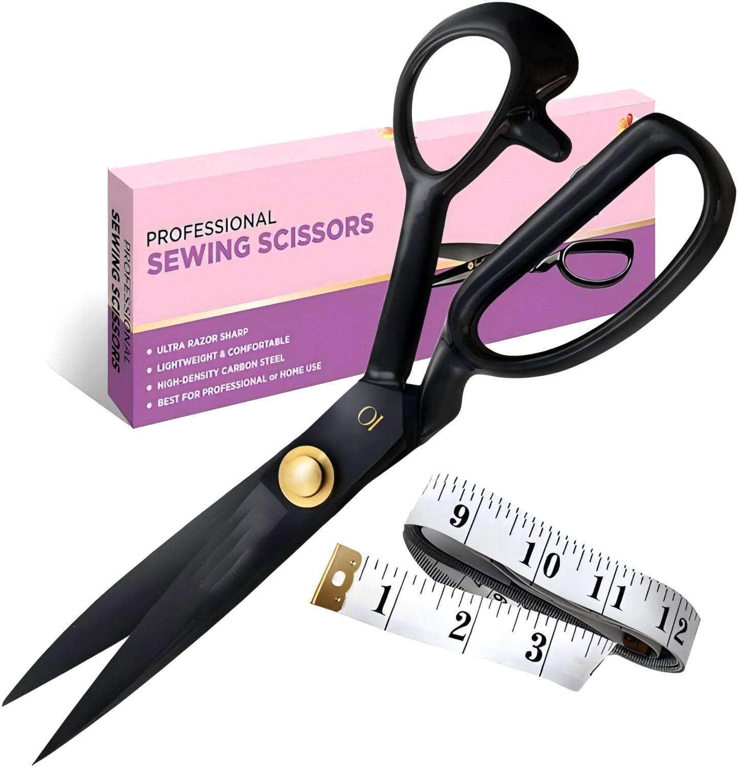 10 inch Fabric Scissors Professional Premium Scissors with Bonus Measuring Tape for Leather Sewing Shears for Tailoring Industrial Strength High Carbon Steel Tailor Shears Sharp for Home Office Artist