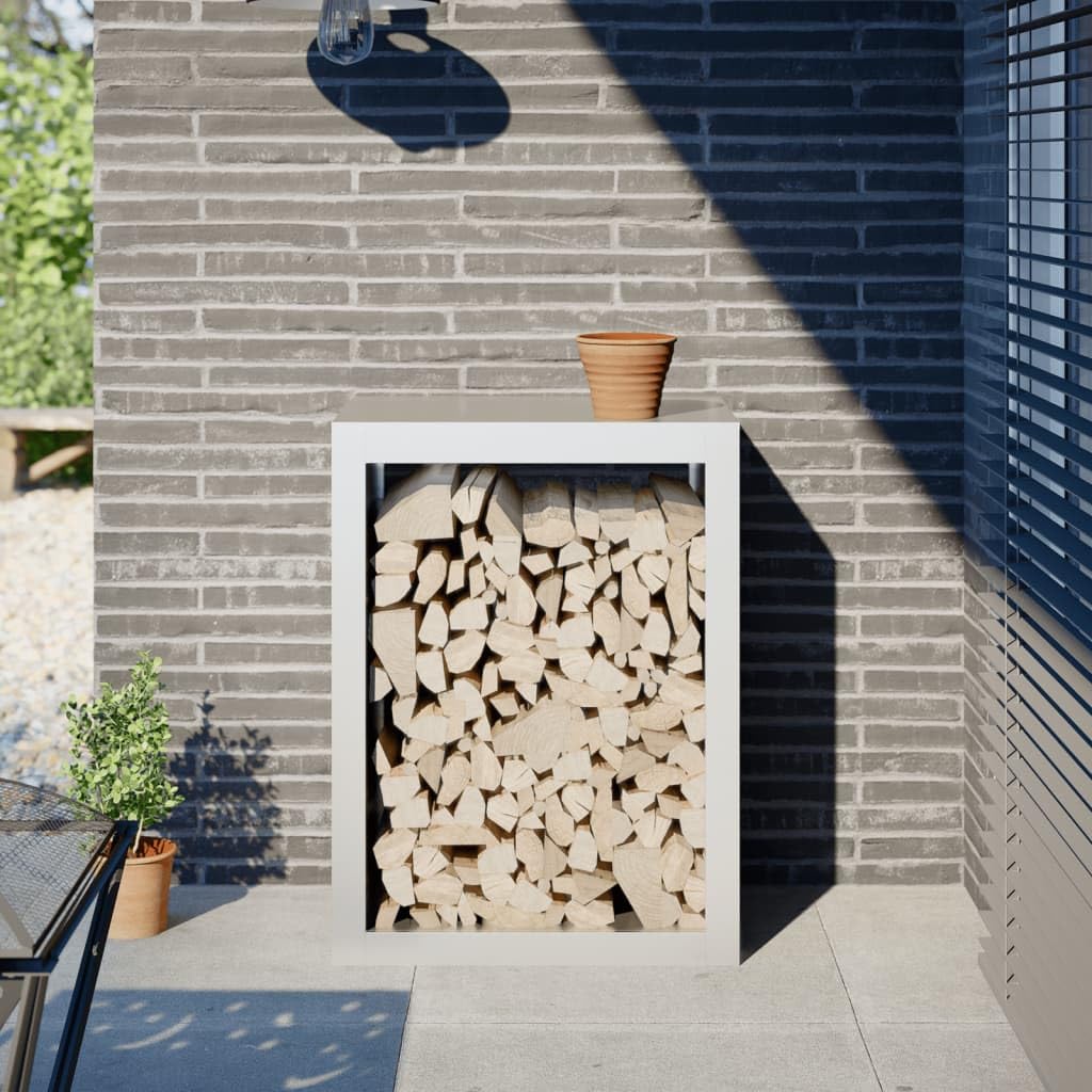 Estantería para leña, color blanco, 60 x 40 x 80 cm, acero, soporte de madera para chimenea, leña, almacenamiento y almacenamiento en el salón, terraza o jardín, accesorios robustos