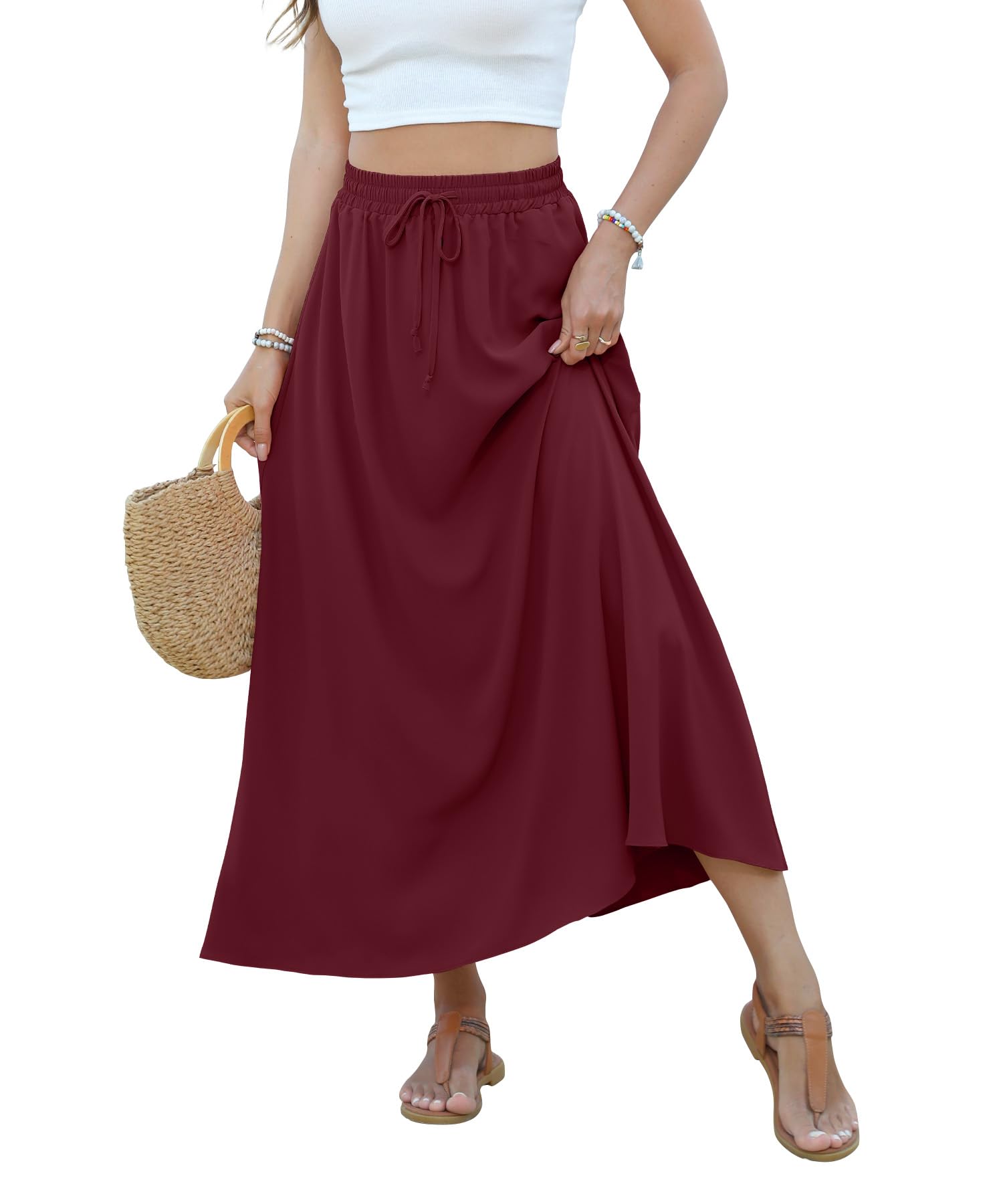 YSYOKOW Women Maxi Skirt Long Flowy Pleated High Waisted with Pockets Summer Casual Elastic Waist A-Line Skirts