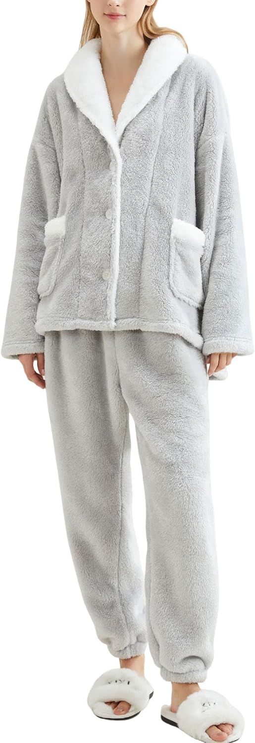 Gihuo Womens Pajamas Set Fluffy 2 Piece Pjs Fuzzy Top Pants Loose Coral Fleece Loungewear Sleepwear Winter Warm Pj