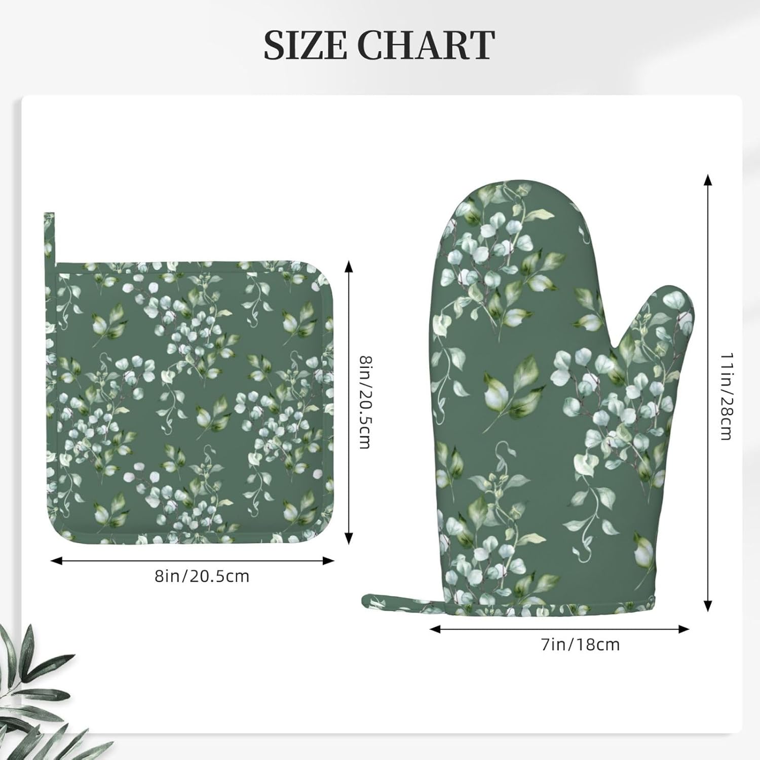 Sage Green Eucalyptus Oven Mitts and Pot Holders Sets for Kitchen Silicone Watercolor Leaves Branches and Holly Leaves Oven Gloves Oven Mitts with 2 Non-Slip Pads Kitchen Gloves for Cooking