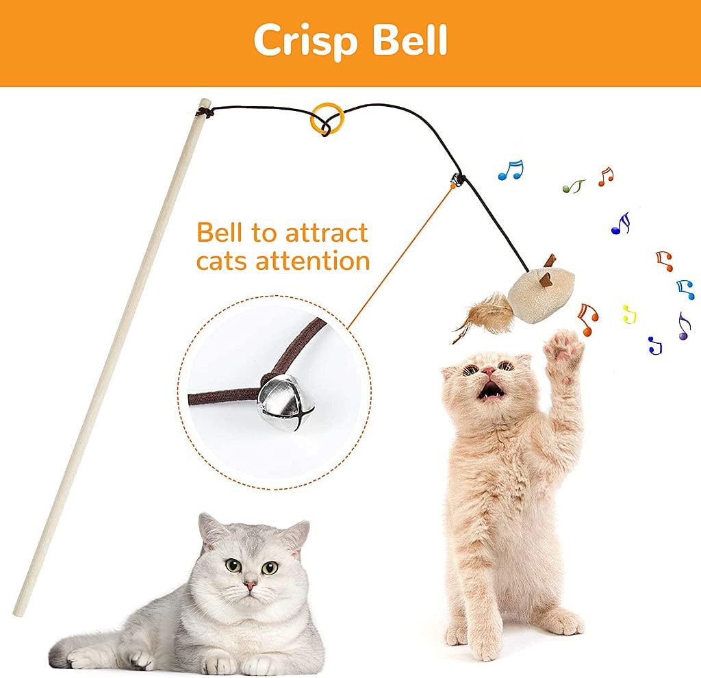 Qpets Premium Cat Toy Interactive Cat Toys Set of 5 Cat Teaser Wand Pet Toy for Cat Activity Fishing Rod with Mouse Natural Feathers Toys for Kittens to Play Cat Games and Toys Mouse Toy
