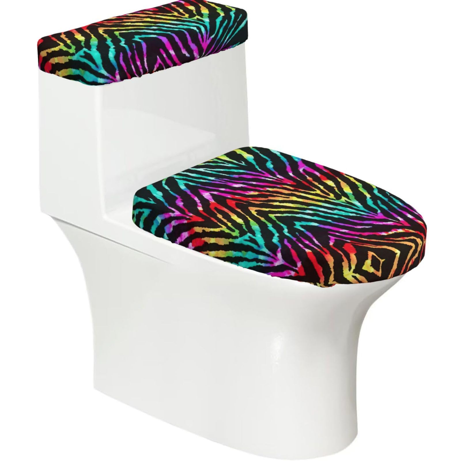 Colorful Rainbow Zebra Print Bathroom Decor Toilet Lid Cover And Tank Covers, Restroom Accessories Fits Most Round