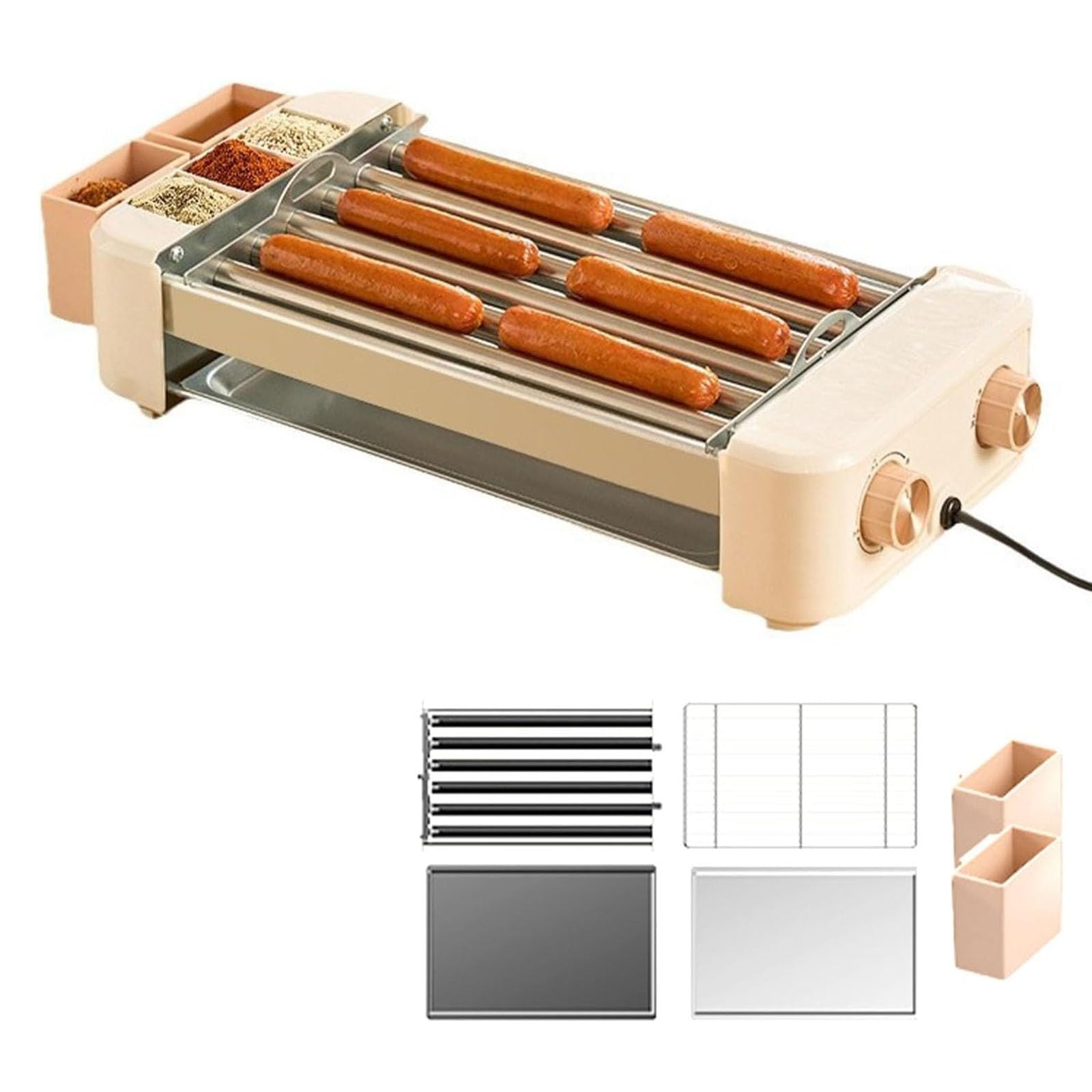 Ensemble de machines à hot dog domestique avec grille et boîte d'assaisonnement, contrôle de la température de 120 à 250 °C, rotation à 360 °, pour petits pains à saucisses (blanc)