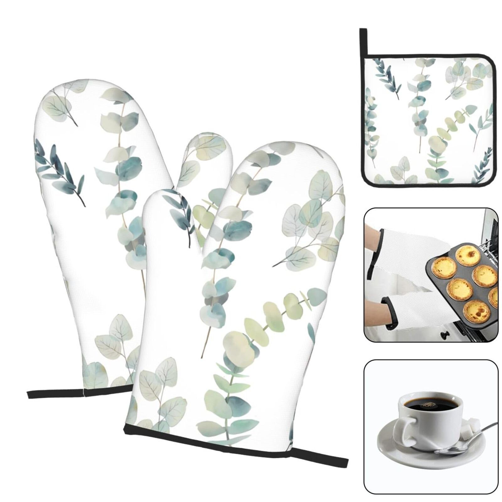 Lot De 4 Maniques Et Gants De Cuisine En Forme De Feuilles D'Eucalyptus - Isolants Jusqu'à 500°C - Antidérapants - 6