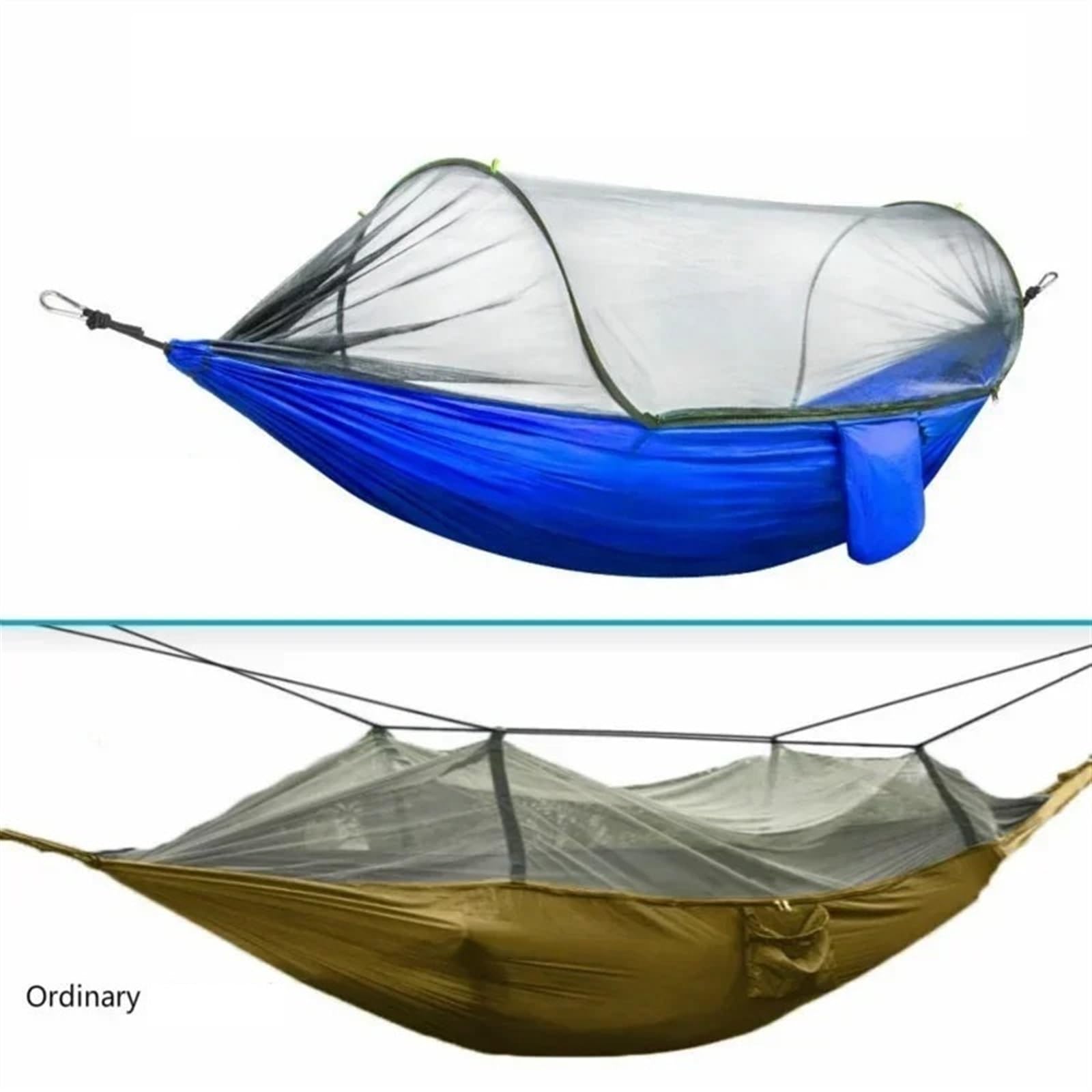 Amaca da campeggio leggera e portatile con rete in tessuto paracadute, ideale per escursioni, viaggi e viaggi – nero con 6 anelli.