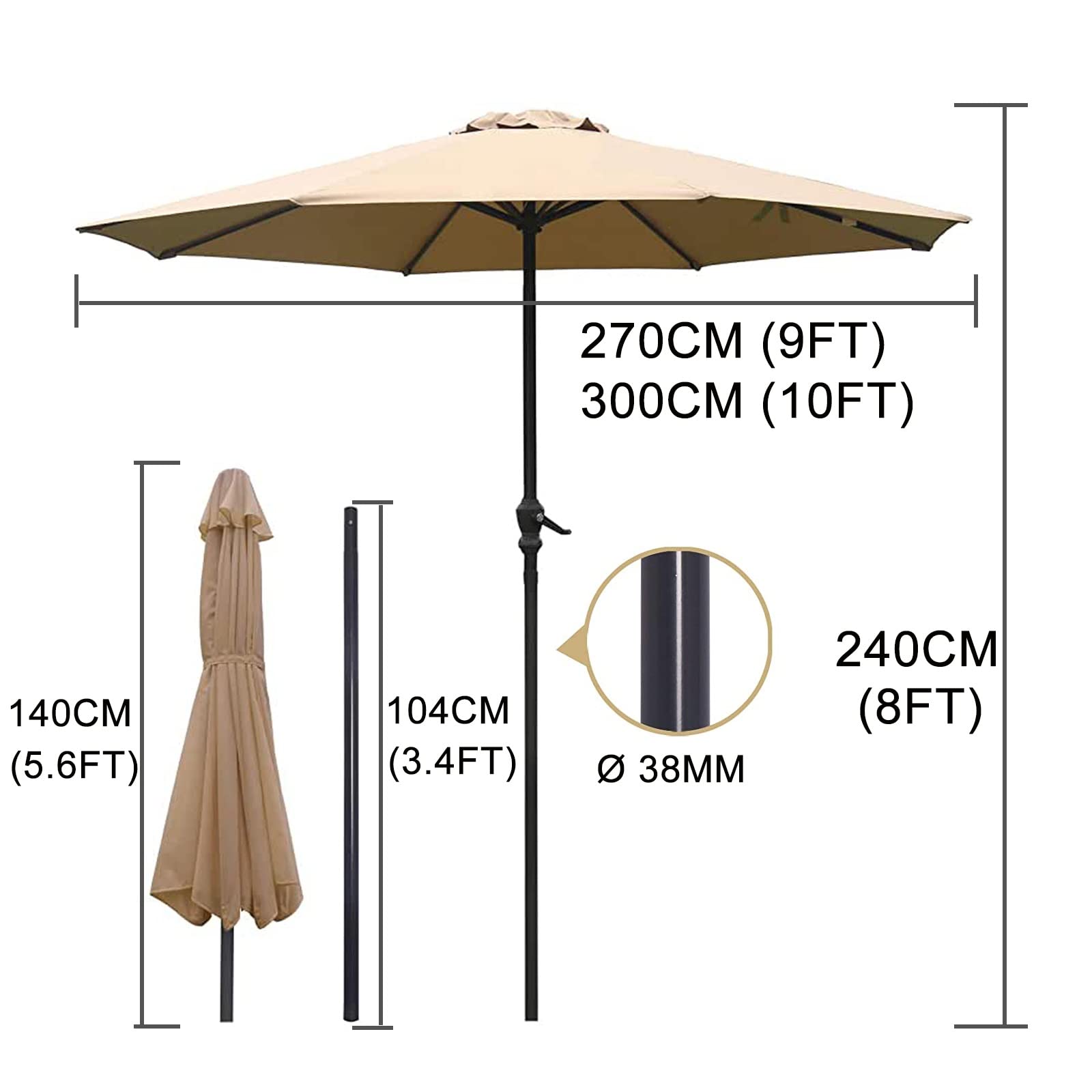 LYGSWDB Parasole tarasowe, Parasole ogrodowe Parasole, Lekkie parasole ogrodowe Zewnętrzna osłona przeciwsłoneczna, Duży parasol stołowy na patio, Łatwe otwieranie i zamykanie, Khaki