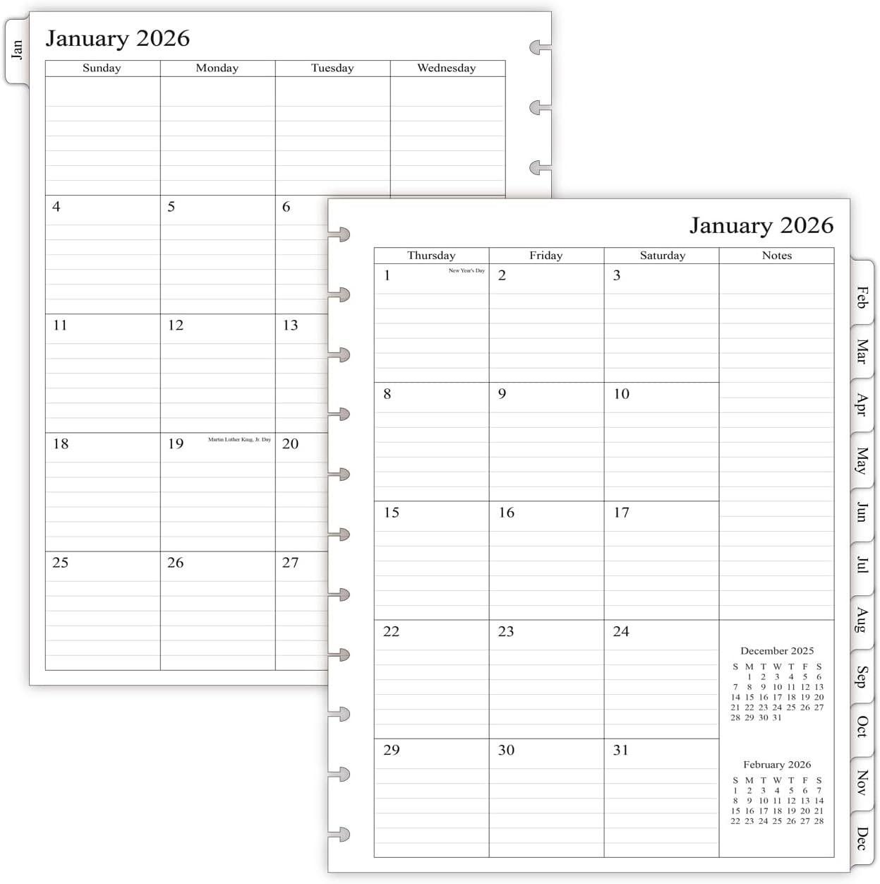 2026 Monthly Planner Refill for 11-Discbound Notebooks, Two Pages Per Month, Letter Size, 8-1/2" x 11"