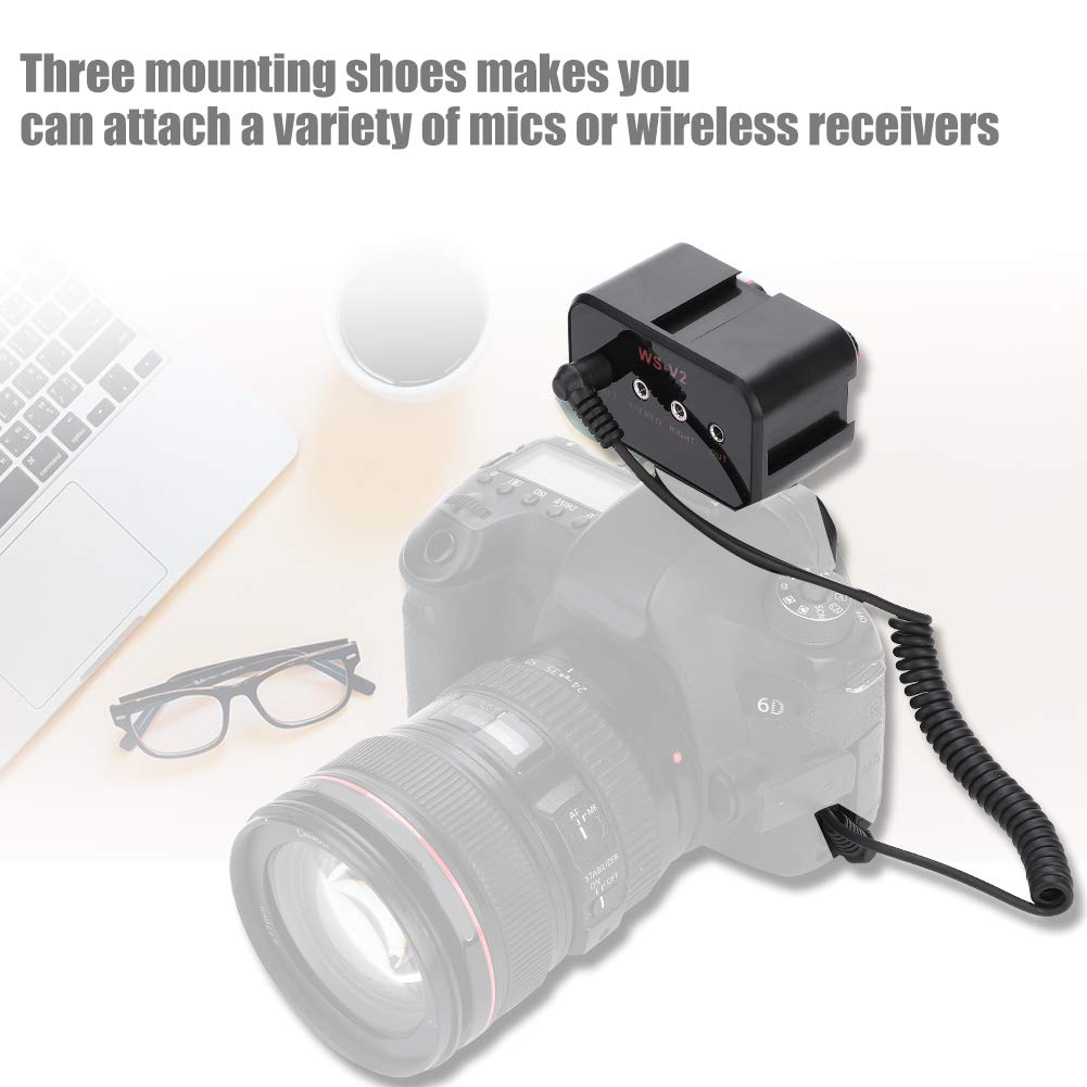 Topiky Mixer Mic per fotocamera, WS-V2 Mixer audio per microfono universale a 2 canali con ingressi da 3,5 mm per fotocamere e videocamere DSLR