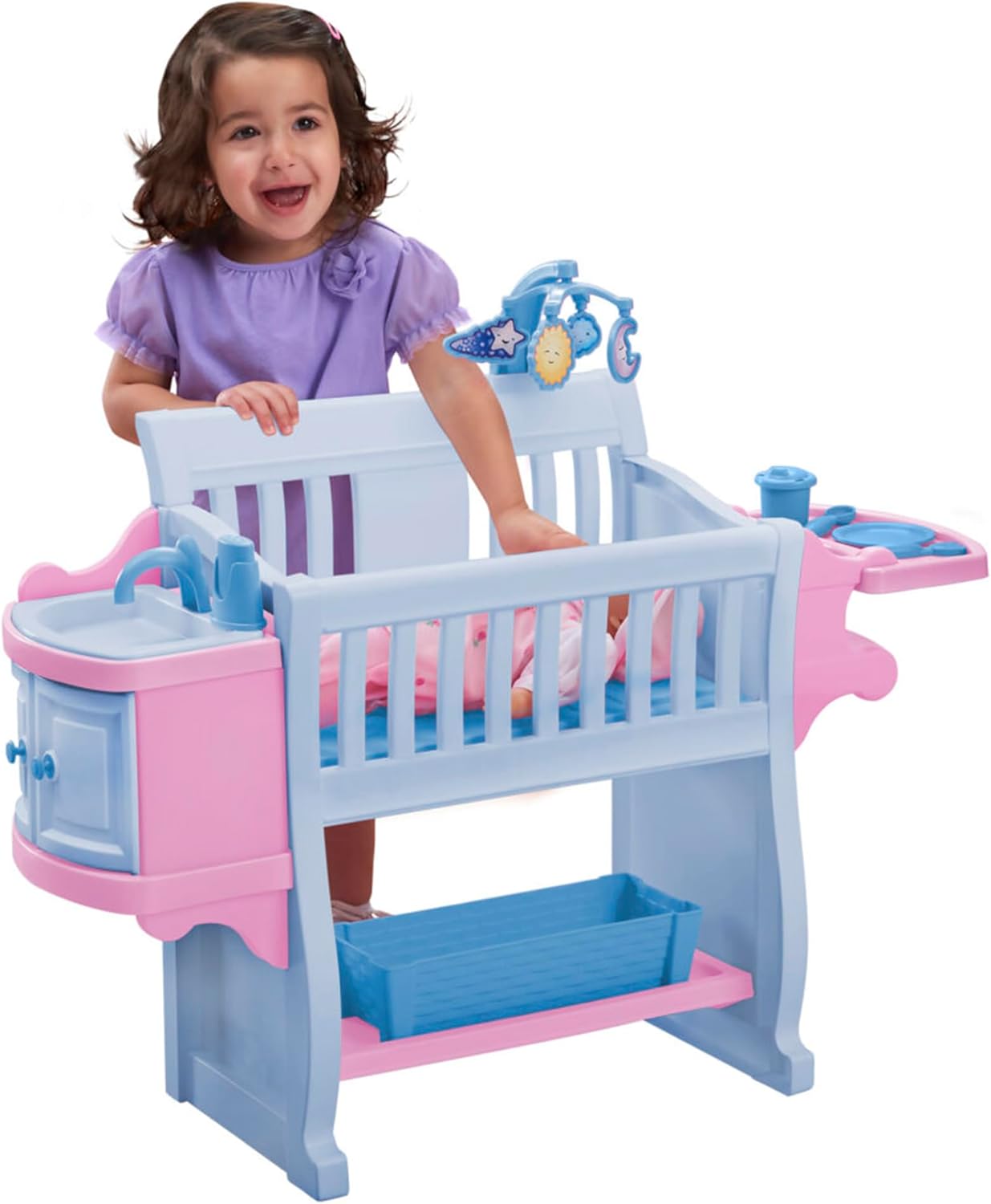 American Plastic Toys Kids My Very Own Nursery Baby Doll Playset with Crib, Feeding Station, Sink, Storage and Starry Night Mobile, Pink
