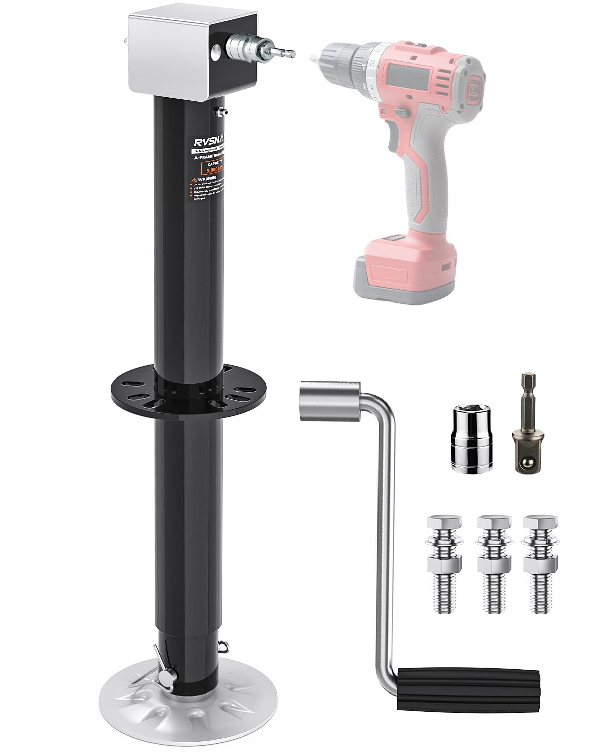 5000 lbs Heavy Duty Trailer Jack, A-Frame Trailer Jack, 20-24V Cordless Drill Compatible, RV Tongue Jack with 26" Lift, 9-Hole Drop Leg, Manual Crank Handle &amp; Cover for Boat, Utility Trailers