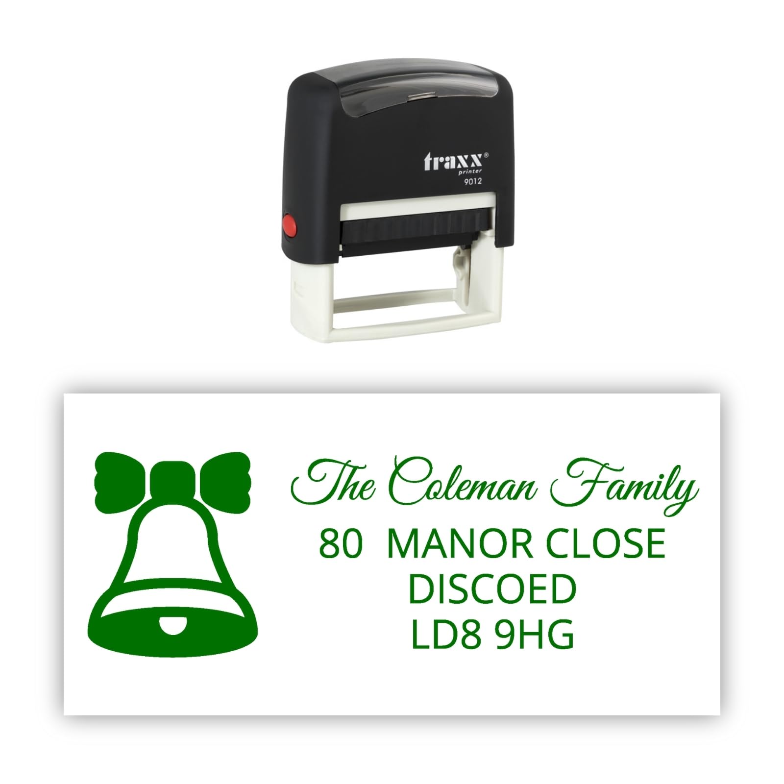 Traxx 9012 Personalised Christmas Self Inking Rubber Stamp - Christmas Bells with 4 Lines of Custom Text in Green Ink.