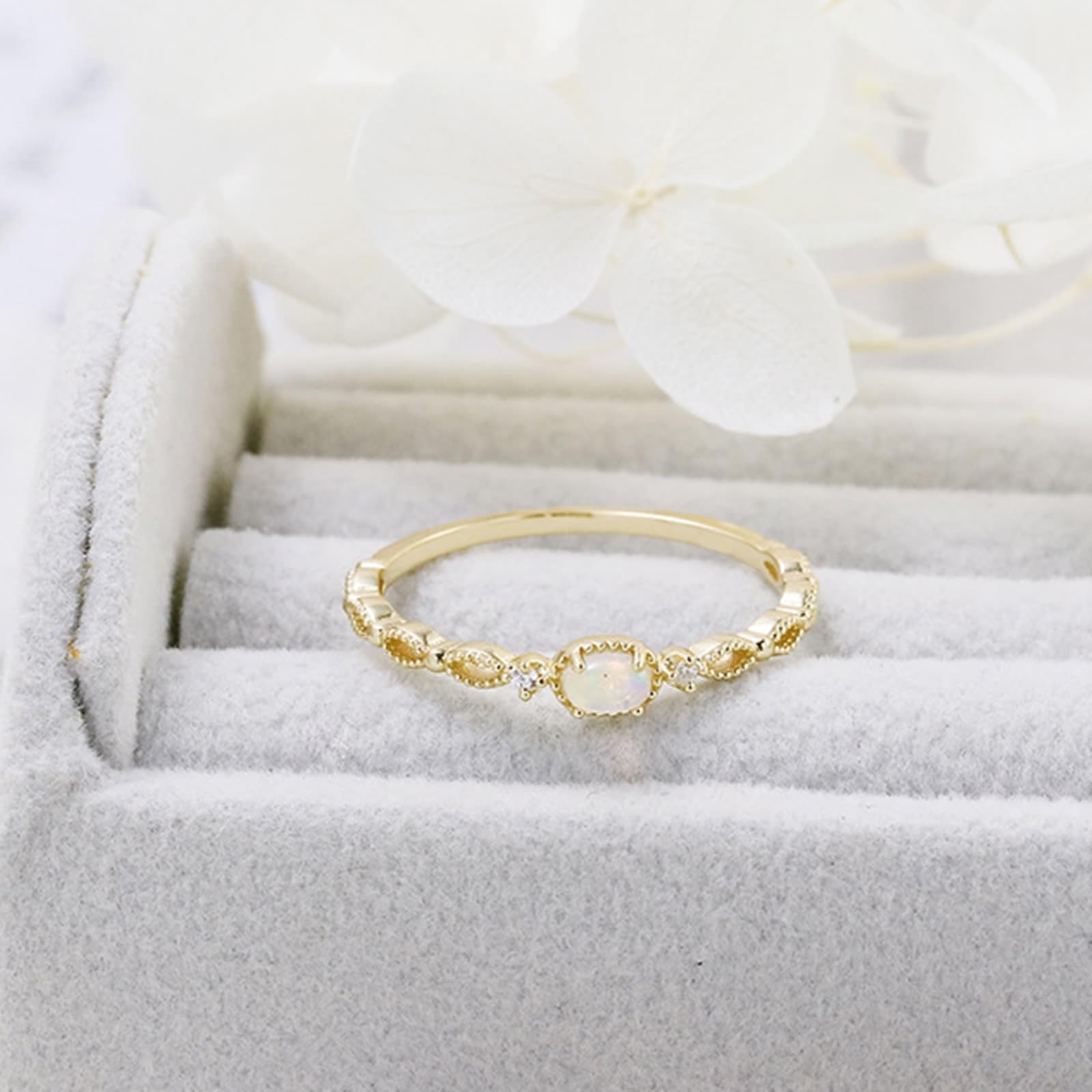 Anillo de boda oro 9 K/14 K/18 K con ópalo ovalado, elegante, filigrana pequeña