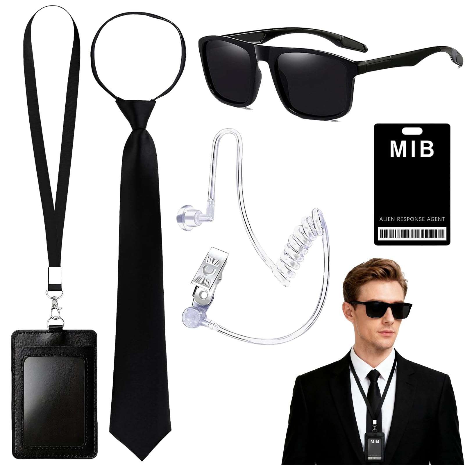 RenSton 5 PCS Agent Costume Accessories, Men in Black Costume with Glasses Necktie Earpiece ID Badge Card Lanyard