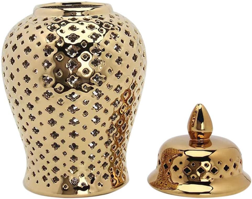 IMIKEYA Ceramic Ginger Jar with Lid Lattice Decorative Temple Jar Cut Out Ceramic Vase for Living Room and Kitchen Decoration Golden 28x15cm