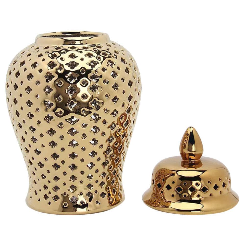 IMIKEYA Ceramic Ginger Jar with Lid Lattice Decorative Temple Jar Cut Out Ceramic Vase for Living Room and Kitchen Decoration Golden 28x15cm