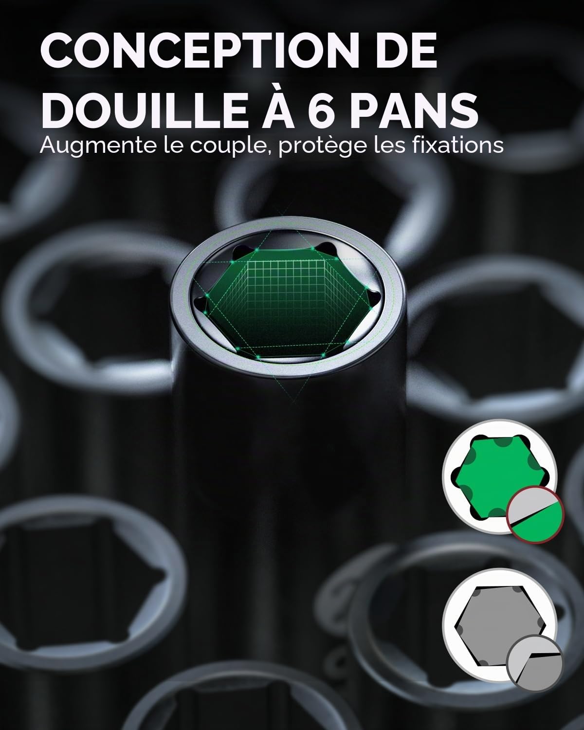 Ginour Coffret de 17 Pièces 1/2" Douilles à Chocs 10-32 mm, Jeu de 16 Douille Longue Hexagonales CR-Mo Avec Adaptateur 3/8" à 1/2"(17tlg, 10-32mm)