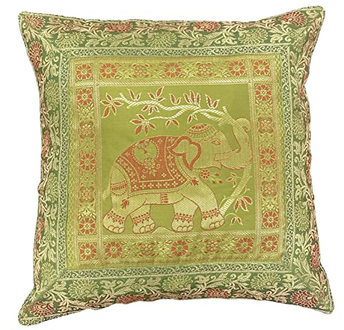 Original Kikan Kissenbezug aus indischem Elefanten-Mandala, Seide, Sari-Brokat, Boho-Stil, Heimdekoration, 40,6 x 40,6 cm, Reißverschluss, Banarsi, ethnisch, handgefertigt, Patchwork (Olivgrün)
