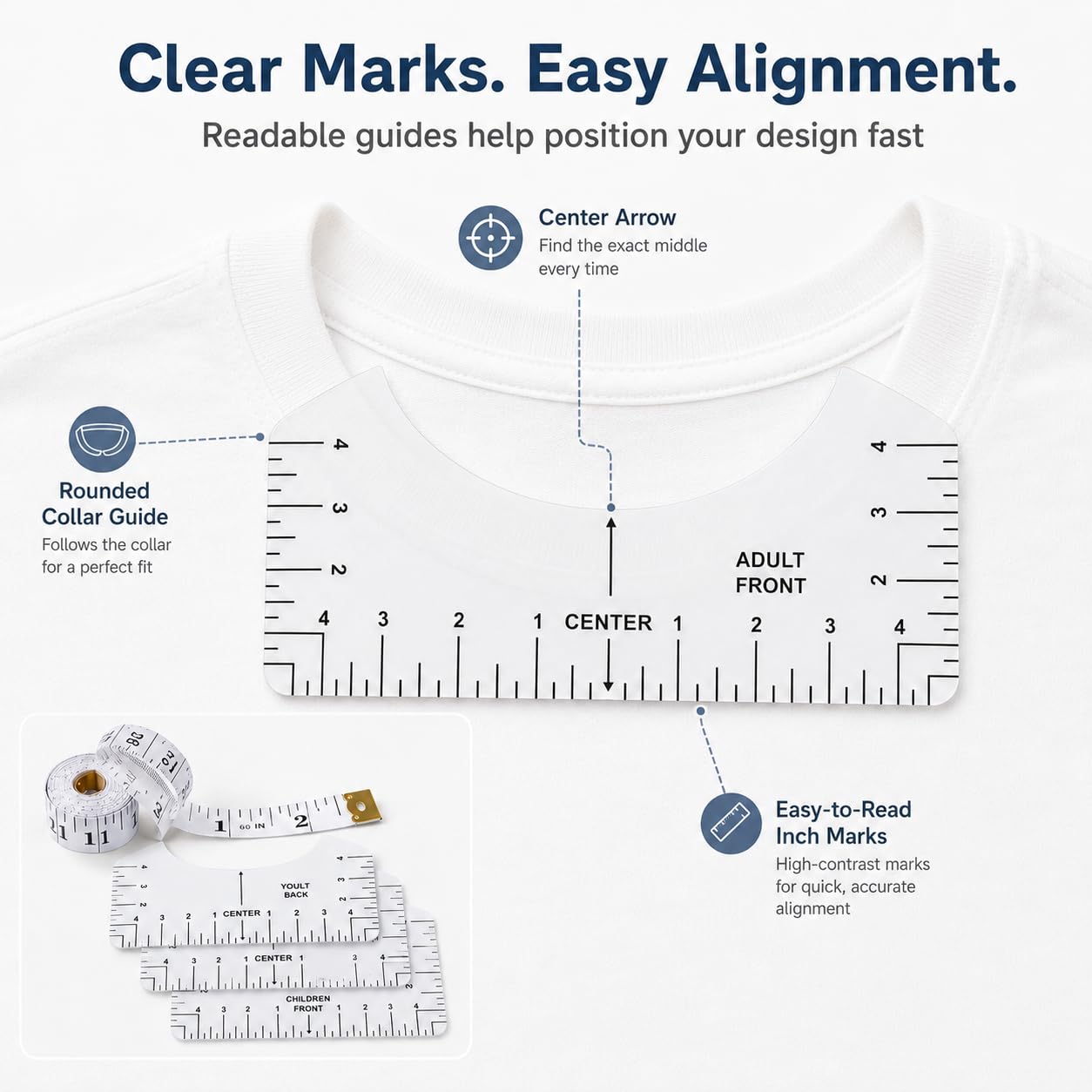 9-Piece T-Shirt Ruler Guide for Centering Vinyl, Clear PVC Alignment Tool for Round & V-Neck, Heat Press Applications, Sizes for Youth and Adult, Front/Back Measuring (10 Inch)