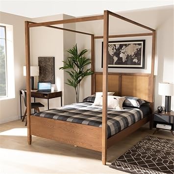 BOWERY HILL 80 W x 85 D Modern Wood & Rattan King Size Canopy Bed with Woven Headboard, Assembly Required, in Walnut Brown Finish