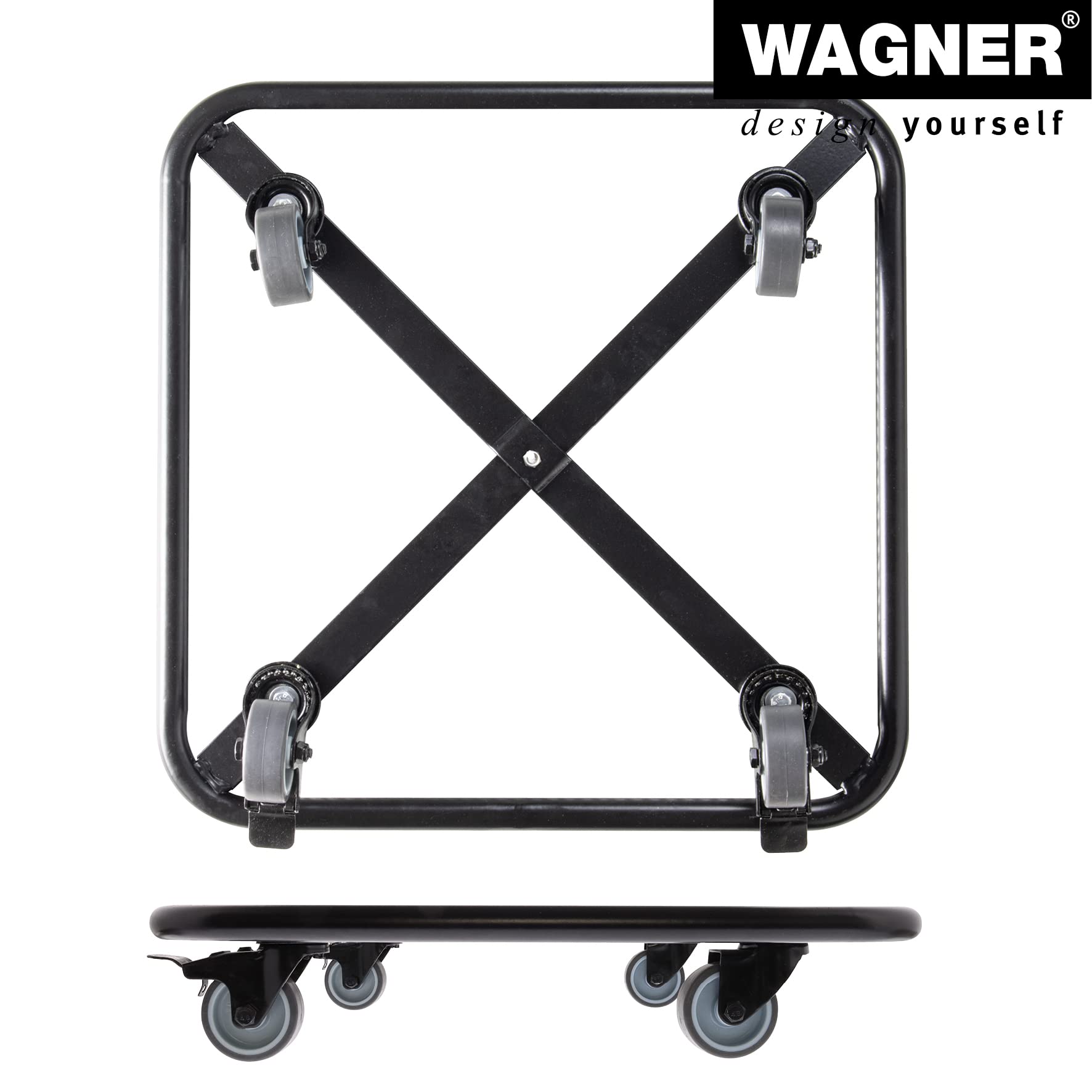 WAGNER 20701301 wałek do roślin, 38 x 38 x 8 cm, miękkie rolki z hamulcami, do użytku wewnątrz i na zewnątrz, rolka na kwiaty, stal powlekana na czarno, nośność 150 kg