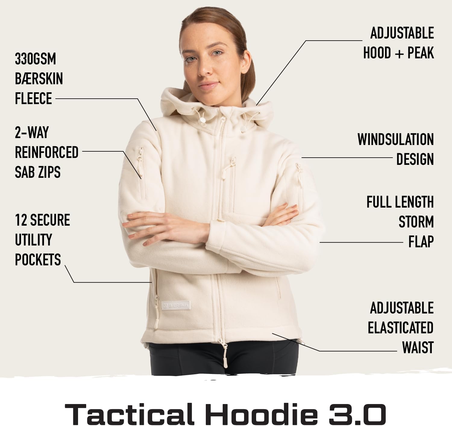 BAERSkin Tactical Fleece Hoodie for Women 330gsm - Full Zip 12 Pocket Warm Womens Hoodie Jacket