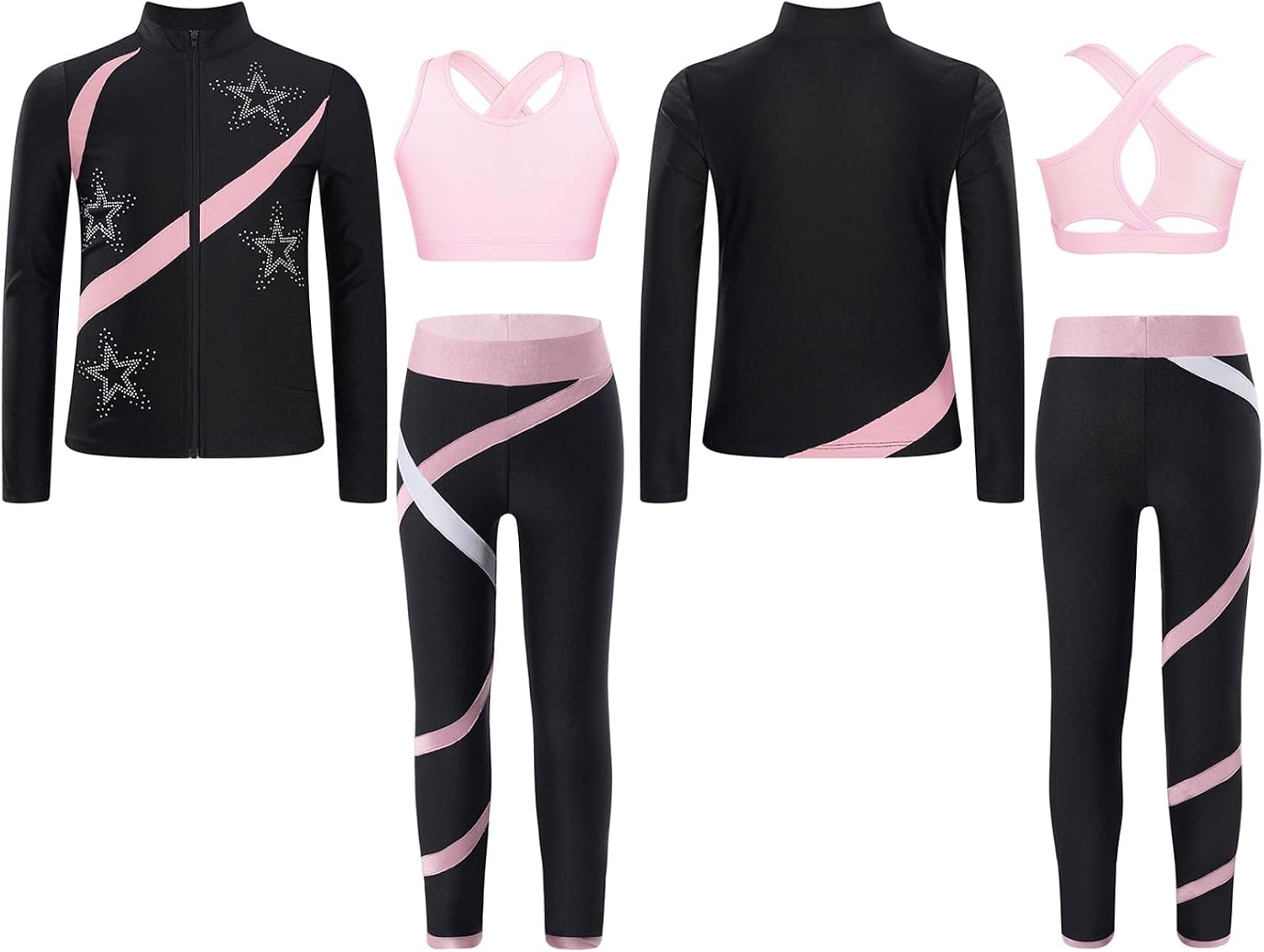 Linjinx Kids Girls Athletic Sports Dance Outfits Figure Ice Skating Jacket Crop Top and Leggings Pants Set Tracksuit