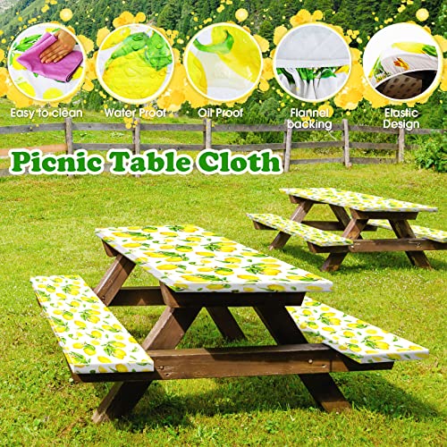3 Pcs Vinyl Picnic Table And Bench Fitted Tablecloth Cover Set 6 Ft 30 X 72 Inch Flannel Backing Rectangular Elastic Edged Picnic Table Cover For Summer Outdoor Patio Travel Picnics (Lemon) #TOP2