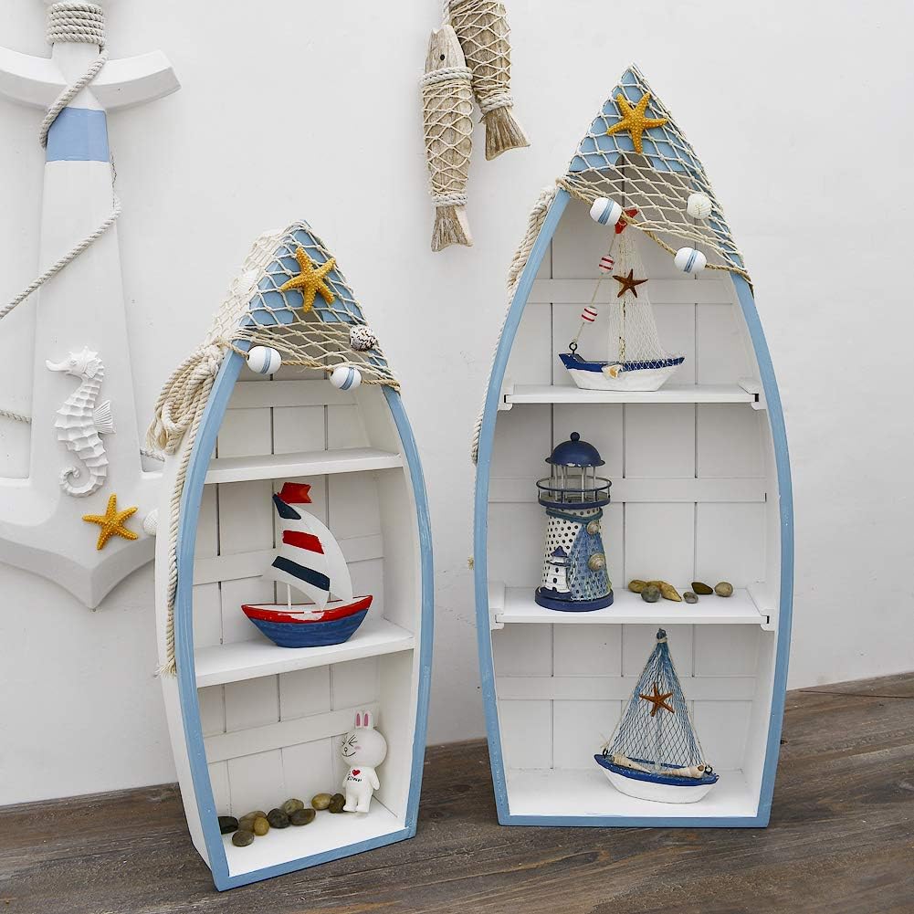 Beach Theme Display with 3 Shelves, White Nautical Standing Shelf Decor, Miniature Boat Model, Decorative Shelf (M)