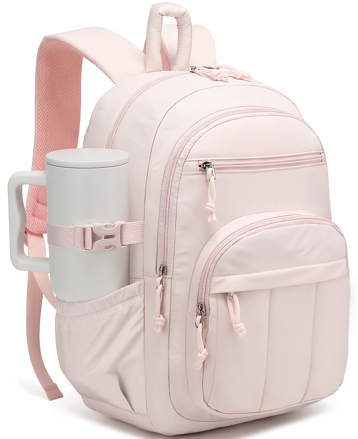Backpack for Women, Quilted Laptop Bookbag with Pouch Pockets for College Work Travel Gym Teacher Nurses, Puffer High School Backpack for Girls, Pink
