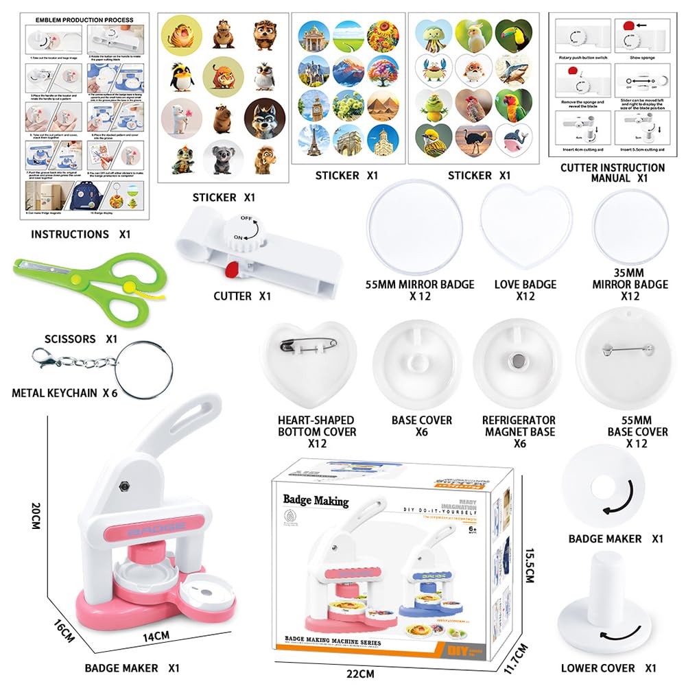 NEWFUN Machine a Badge, Machine à Badge, 55mm/35mm, Insignes en Forme de Cœur, Button Maker pour Enfants DIY Cadeaux, peut Faire des Insignes, des Porte-clés, des Autocollants pour Réfrigérateur