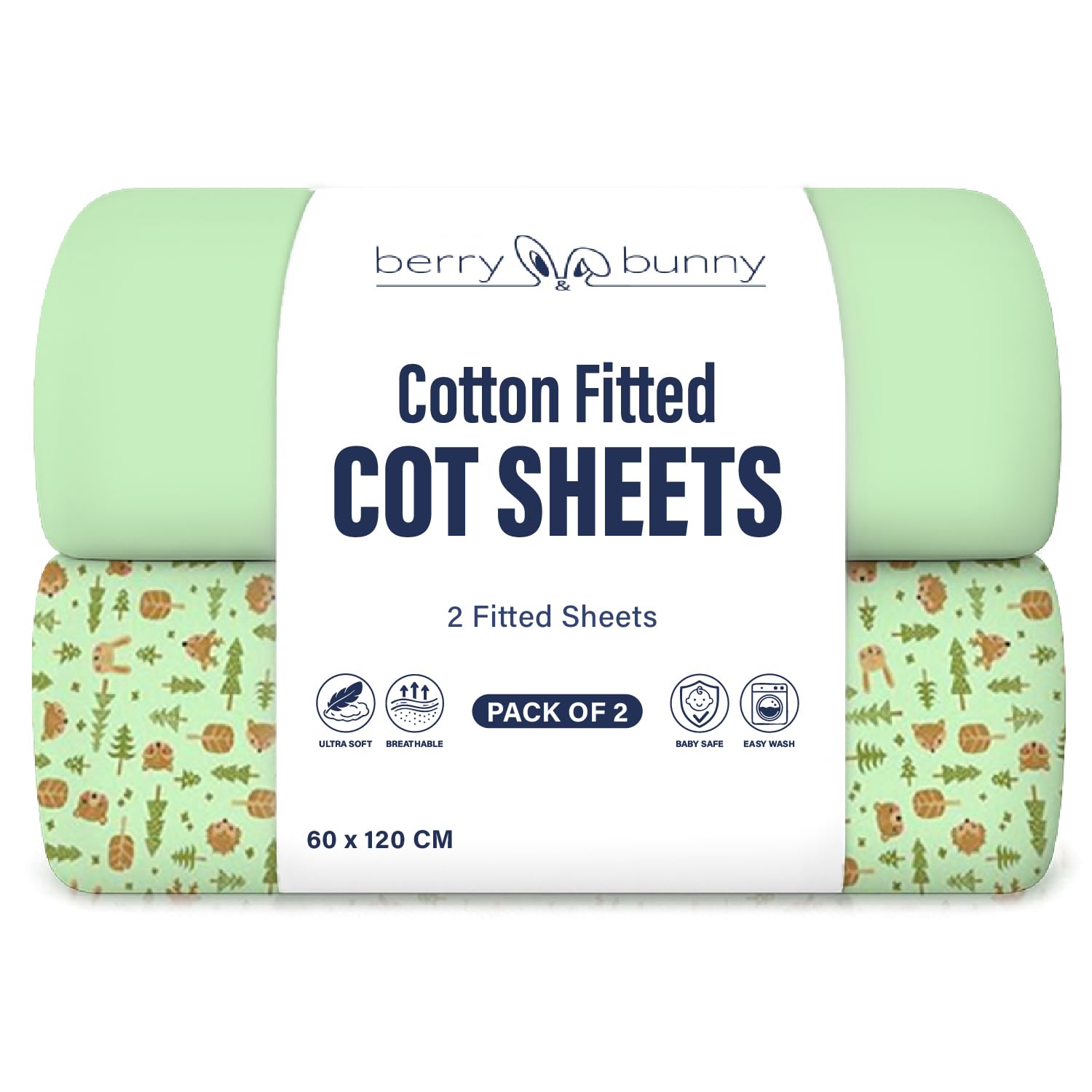 Berry & Bunny Men's Green, Forest Berry And Bunny 100% Cotton Cot Bed Sheets Pack Of 2, Soft Breathable Baby Cot Sheets 120X60 Fitted, Elasticated Deep Fit Mattress Protector Cover, Baby Bedding All Seasons