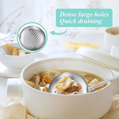 Miniatura 7 de Juego de 2 cucharones de sopa y cuchara ranurada, cucharones de cocina de acero inoxidable 316 de metal para colar alimentos, cucharón de cocina