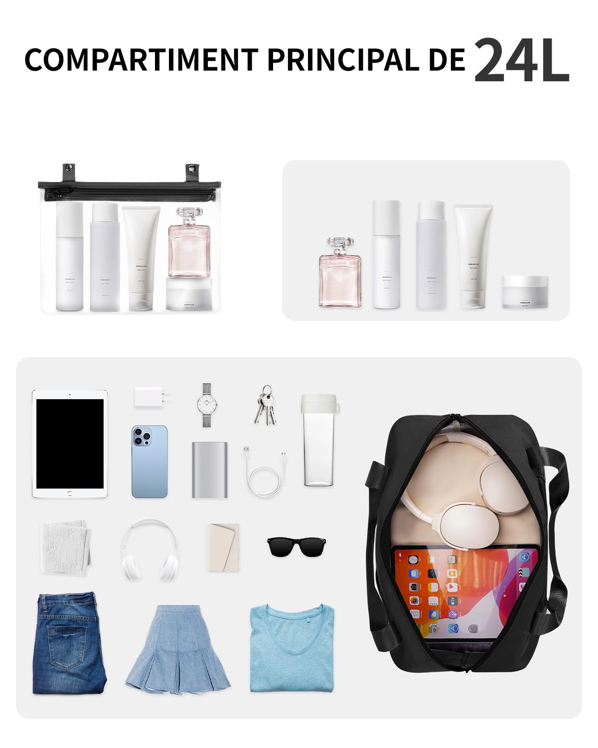 ECOHUB Sac de Voyage 40x30x20 Ryanair, Pliable Bagage Cabine, Léger Sac à Main, Weekend avec Pochette Humide Amovible pour Homme Femme, Sac Cabine Avion Imperméable Bagage a Main 20L (Noir)