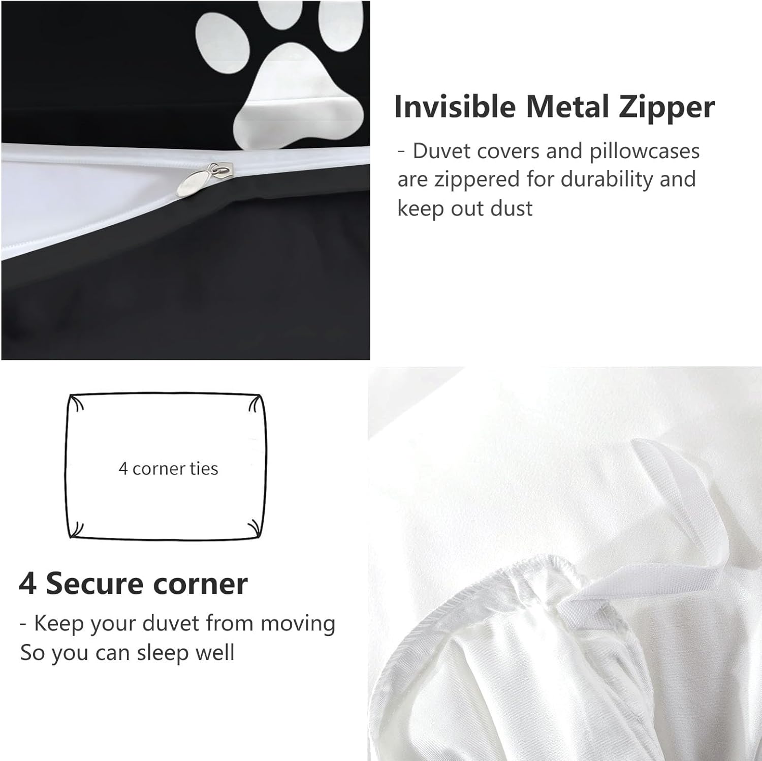 Bedding Duvet Cover Set Toddler Size, Black Bedding Set Kids Teens, Dog Paw Print Pattern Print Comforter Cover Set, 1 Quilt Cover 1 Pillowcases 2 Piece Bedroom Decor
